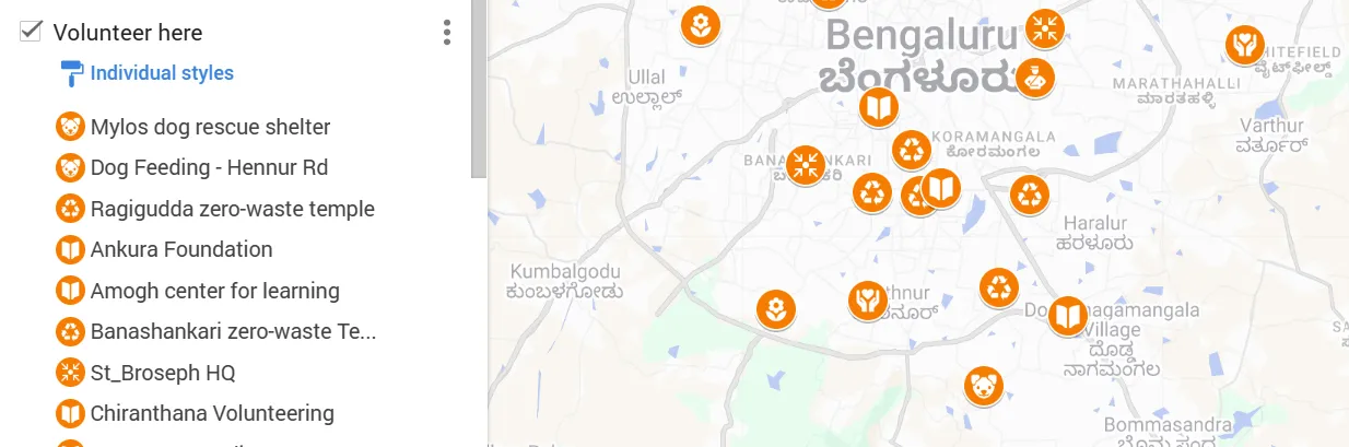Sceen’s map of regular volunteering opportunities in Bengaluru, with dog feeding, zero-waste temples and NGO sites pinned