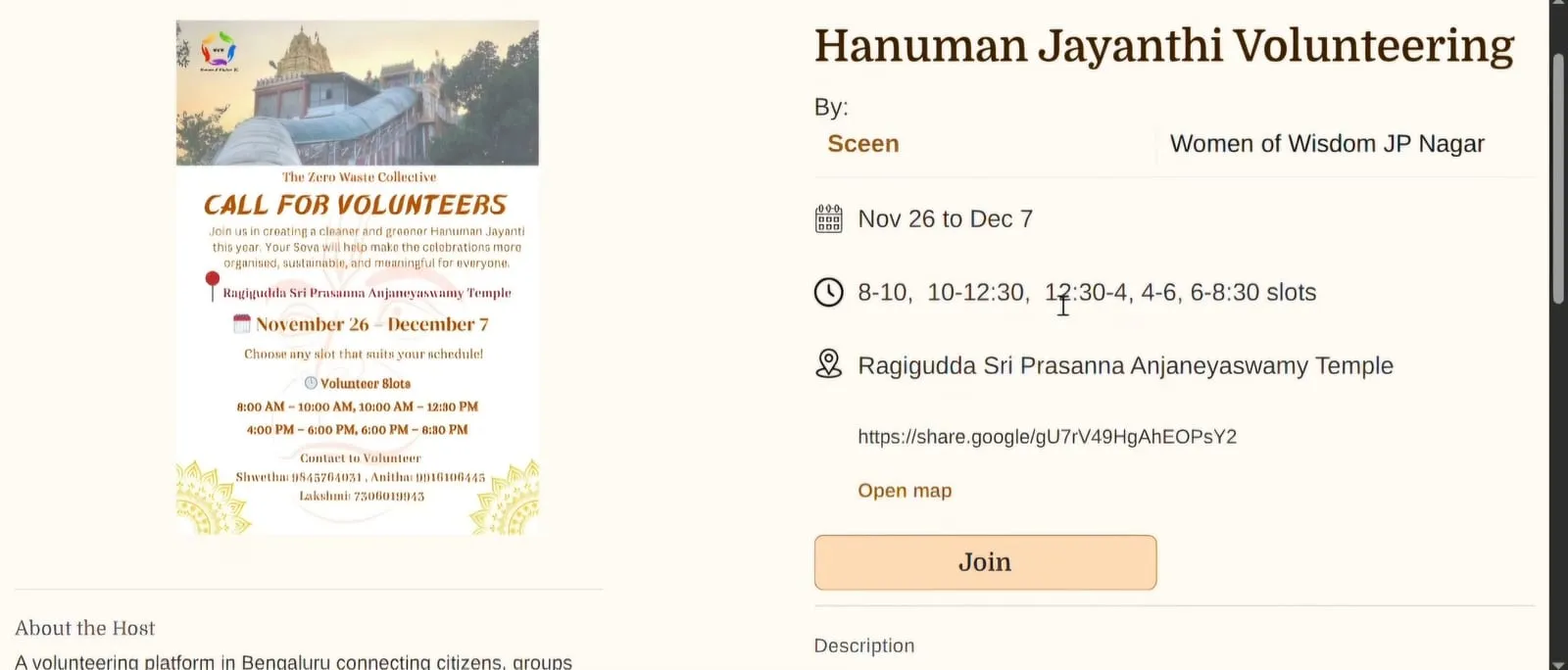 Sceen activity page for Hanuman Jayanthi Volunteering, hosted by Sceen and Women of Wisdom JP Nagar, showing the dates, time slots, the Ragigudda Sri Prasanna Anjaneyaswamy Temple location and the Join button