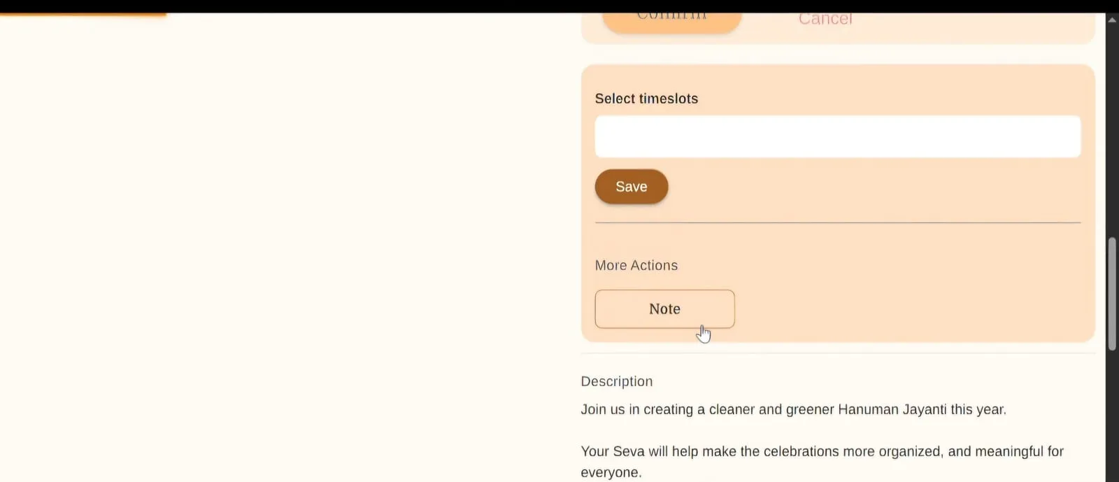 Activity page after joining, with a Select timeslots box and a Note button under More Actions