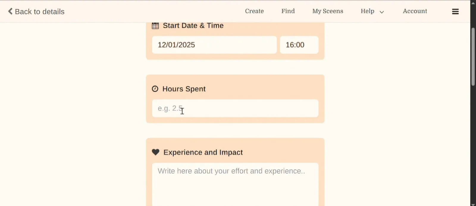 New note form on Sceen with fields for Start Date & Time, Hours Spent and Experience and Impact