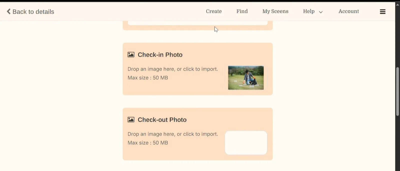 Check-in Photo and Check-out Photo upload boxes on the note form, with a check-in photo of a volunteer picking up litter on a field