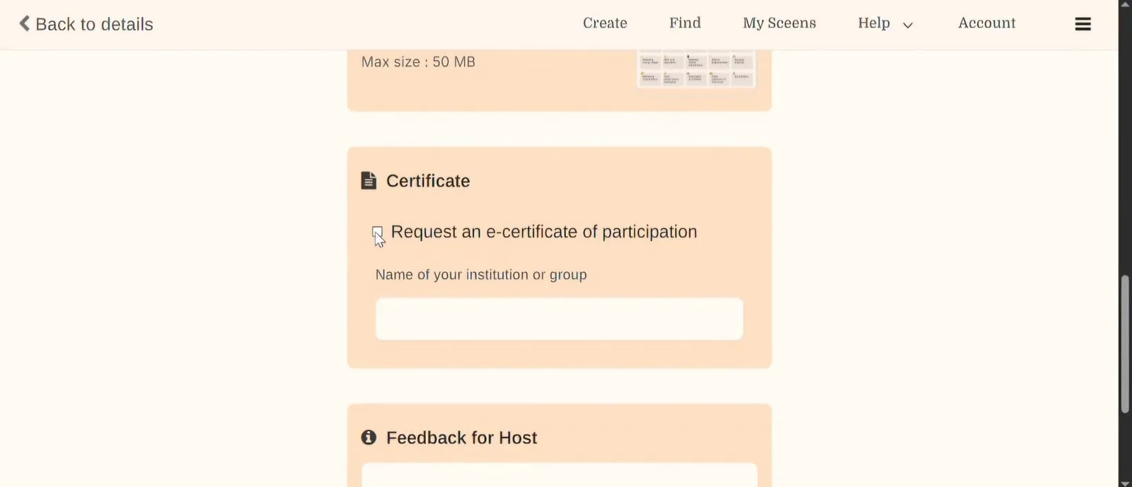 Certificate section of the note form with the “Request an e-certificate of participation” checkbox, a field for the name of your institution or group, and a Feedback for Host box