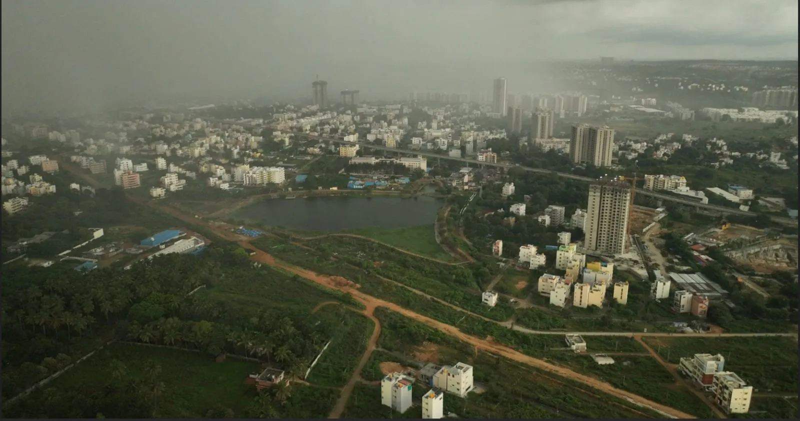 Aerial drone view of Thalaghattapura lake and the surrounding neighbourhood in south Bengaluru