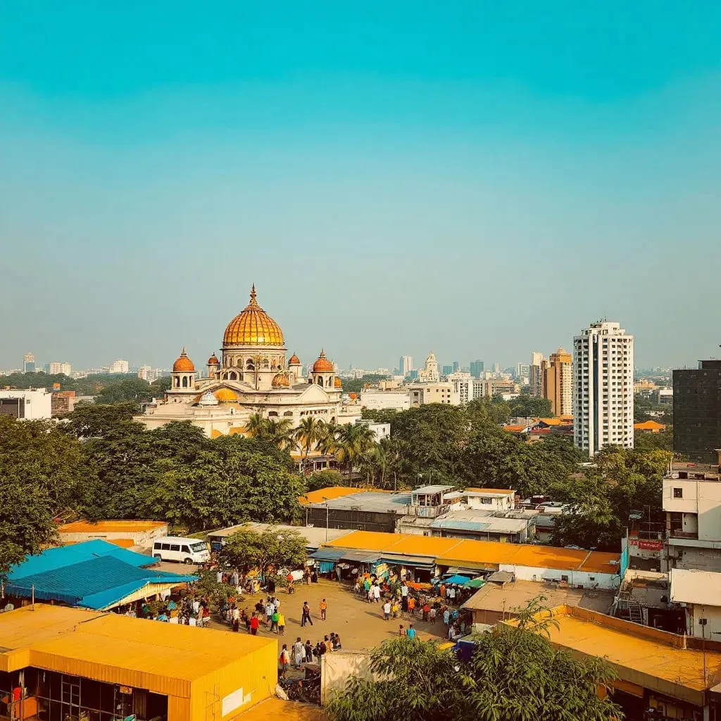 Bengaluru skyline with a domed building above a market under a clear sky