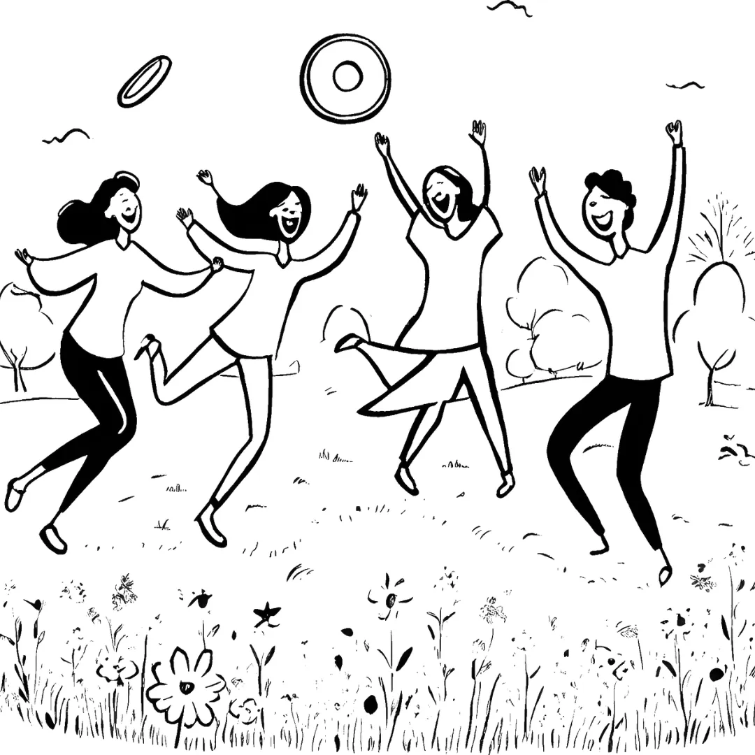 Line illustration of friends jumping and playing in a park