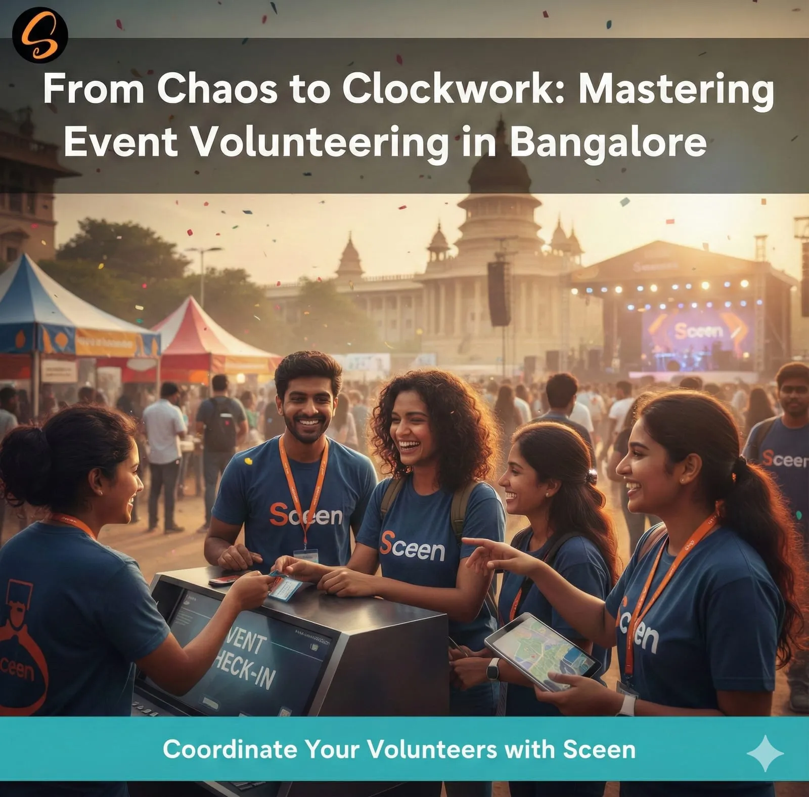 Illustration of volunteers in Sceen T-shirts running an event check-in desk at a Bengaluru festival