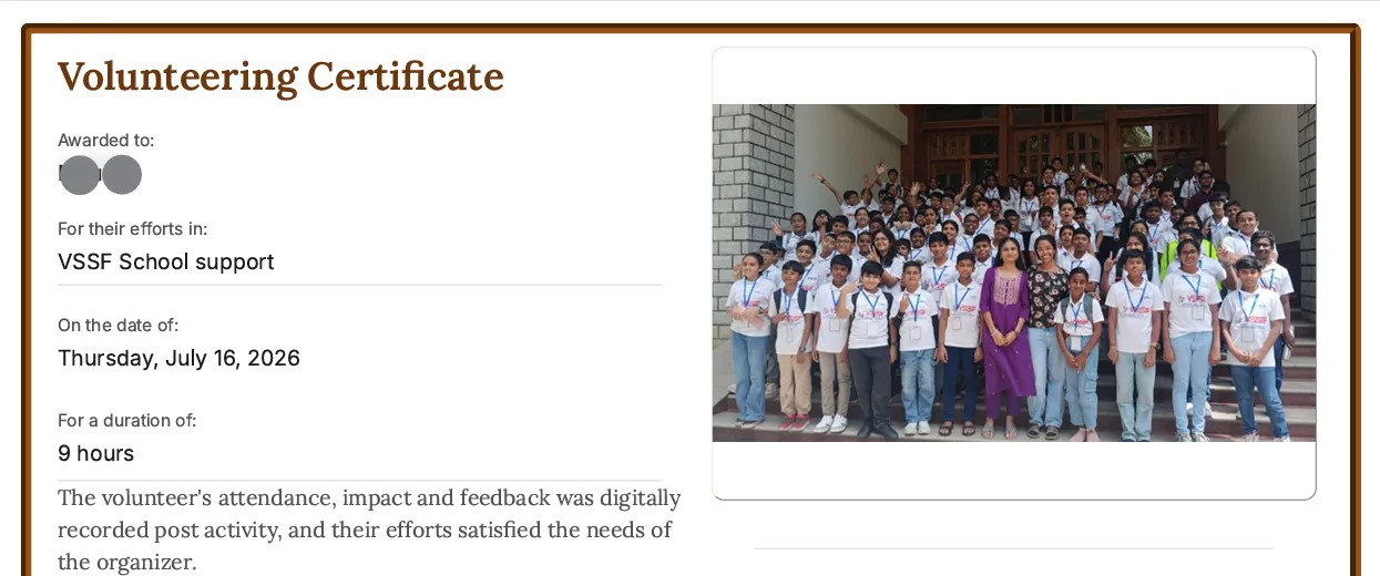 An e-certificate generated for a volunteer's efforts