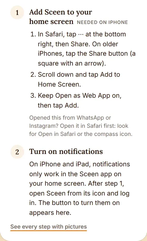 The Notifications box in Safari on an iPhone: step 1, add Sceen to your home screen, with the taps to do it; step 2 waits until you open Sceen from its icon.